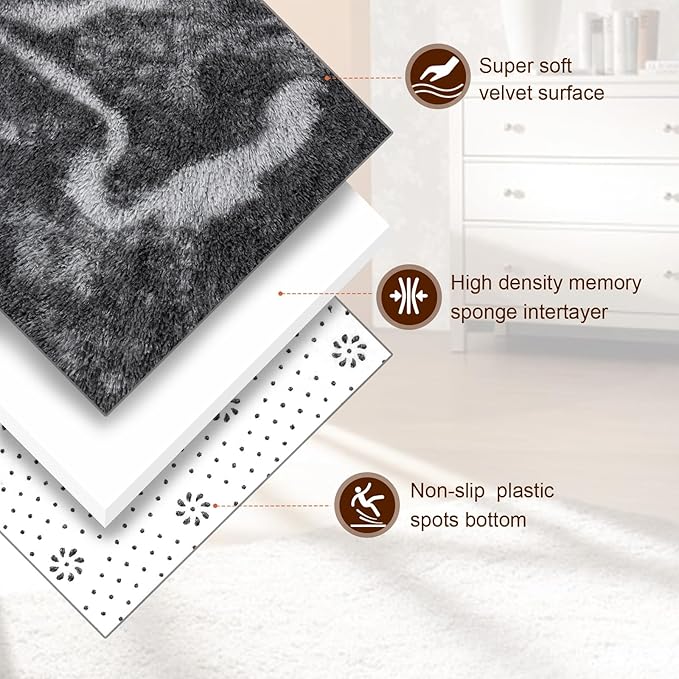 TWINNIS Super Soft Shaggy Rugs Fluffy Carpets, 6x9 Feet, Indoor Modern Plush Area Rugs for Living, Bed Room Kids Room Nursery Home Decor, Upgrade Anti-Skid Rectangular Fuzzy Rug, Black Grey