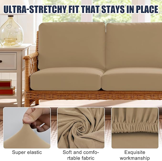 Patio Stretch Cushion Covers, Chair Cushion Covers& Sofa Replacement Slipcovers for Patio Furniture Cushion Covers, Washable Reusable Furniture Protector (4, Khaki)