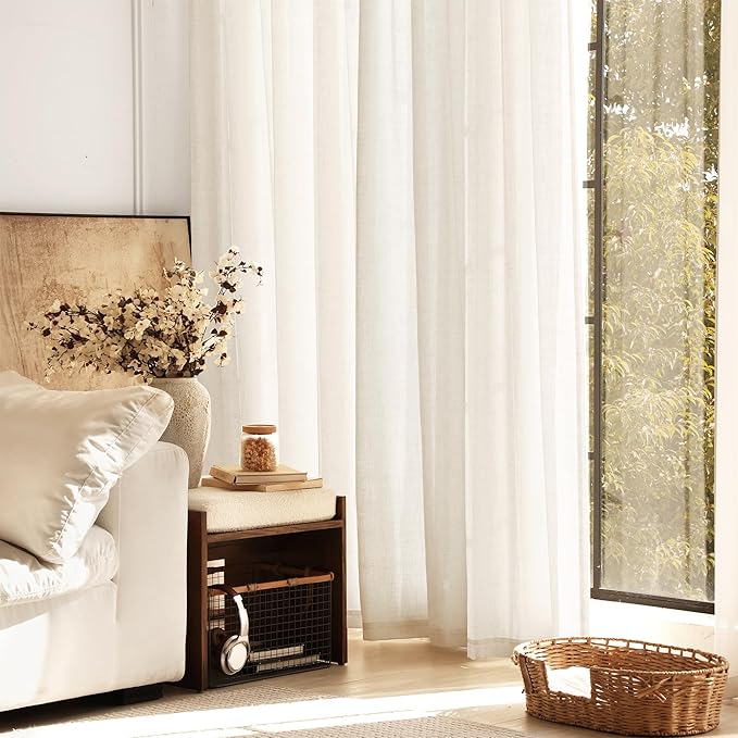 Natural Linen Curtains for Living Room Back Tab Modern Farmhouse Semi Sheer Natural Linen Curtains 45 inches Long 2 Panels Set Muted Neutral Window Curtain for Dining Room Bedroom 52x45
