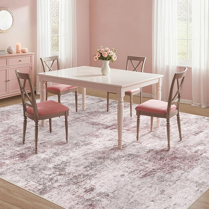 UERMEI 9x12 Area Rug Living Room Rugs - Washable Neutral Modern Abstract Soft Thin Large Rug Indoor Floor No Slip Rug Carpet for Bedroom Under Dining Table Home Office Decor - Pink