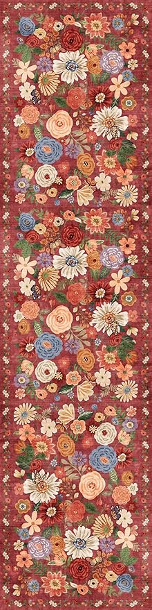 Rug for Hallways Kitchen Rug 3x7, Non Slip Washable Rugs with Rubber Backing Soft Floral Carpet Runner for Hallways, Kitchen, Laundry, Bedroom, Bathroom(3 x 7, Red Garden)