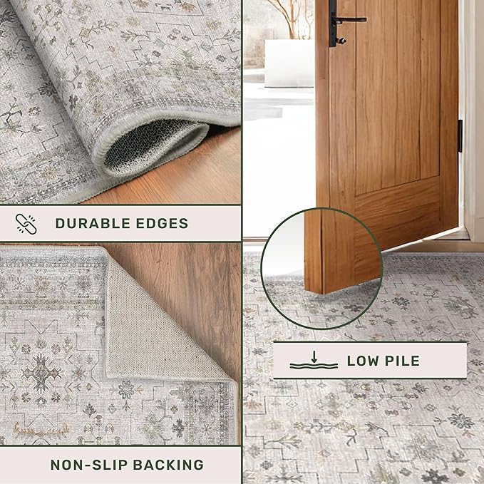 Hazo Haus Boho Light Grey Living Room Rug 9x12 - Modern Vintage Eclectic Floral Pastel Neutral Taupe, Washable Low Pile Non-Slip Extra Large Area Rugs for Dining Under Table Bedroom