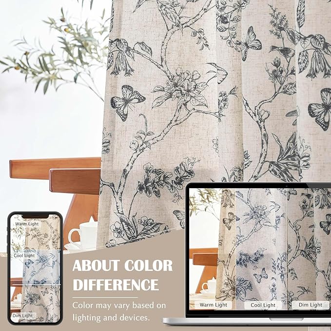 jinchan Floral Curtains Lined Linen Blend Curtain for Living Room 84 Inch Length Black Farmhouse Flower Patterned Curtain French Country Curtains Drapes Back Tab Rod Pocket 2 Panels