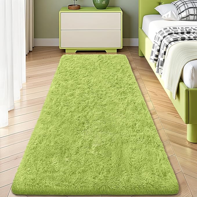 OLANLY 2x8 Machine Washable Runner Rugs for Hallway, Soft Fluffy Shaggy Bedside Rugs for Bedroom, Living Room, Indoor Floor Carpet for Kids Girls Boy, Nursery Rooms, Home Decor Aesthetic, Grass Green