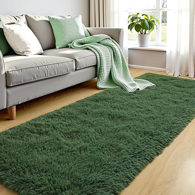 Tepook Soft Runner Rugs for Bedroom 2x6 with Rubber Backing, Dark Green Fluffy Rugs for Hallway, Shag Bedside Rug Fuzzy Plush Carpet for Living Room Dorm Nursery Indoor Home Decor