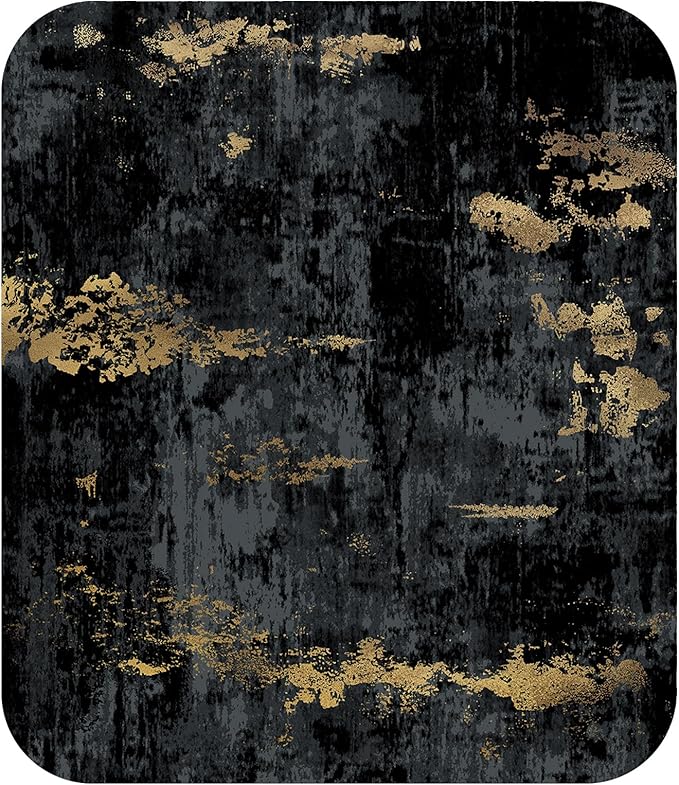 Washable Area Rugs 8ft Non-Slip Modern Abstract Soft for Living Room Entryway Bedroom Nursery, Print Pattern, Dark Black Gold