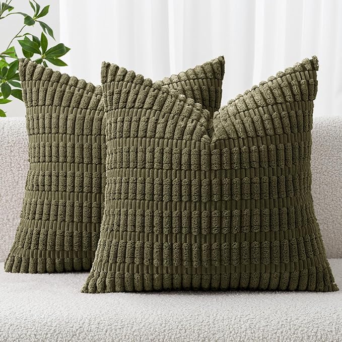 MIULEE Pack of 2 Spring Corduroy Decorative Throw Pillow Covers 20x20 Inch Soft Boho Striped Pillow Covers Modern Farmhouse Home Decor for Summer Sofa Living Room Couch Bed Olive Green