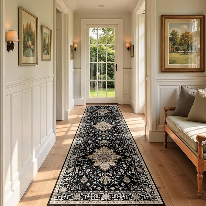 RELEANY Area Rugs 2'x7' Runner Rug Non Slip Washable for Kitchen Hallway Bedroom Beside Laundry Room Bathroom Rug, Floor Carpet, Black Brown Neutral Dark Tan