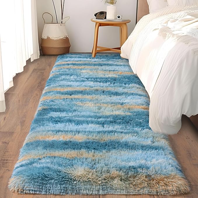 Soft Runner Rugs for Bedroom Hallways, 2x6 Abstract Blue Fluffy Shag Throw Area Rug Non Slip for Bedside Dorm, Long Shaggy Furry Carpet for Nursery Living Room