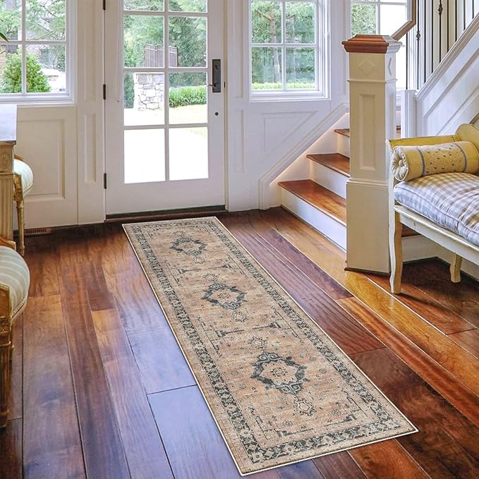 Hallway Washable Runner Rug - 2x7 Kitchen Rugs Entryway Rug Runner Vintage Soft Floor Mat Non Slip Indoor Farmhouse Carpet for Bathroom Living Room Bedroom (2 X 7, Orange)
