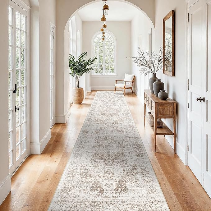 3x15 Washable Hallway Runner Rug - Vintage Kitchen Runners Low Pile Carpet Soft Thin Floor Runner with Rubber Backing for Entryway Living Room Home Decor (Cream/Camel)