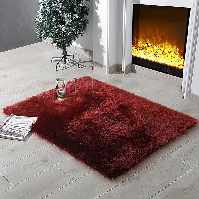 linmopm Faux Fur Rug Sheepskin Shag Fluffy Fuzzy Red 3x4 ft Rugs for Bedroom Bedside Bed Floor Living Room Plush Rectangle High-Density Cushion Carpet Super Sofa Cover