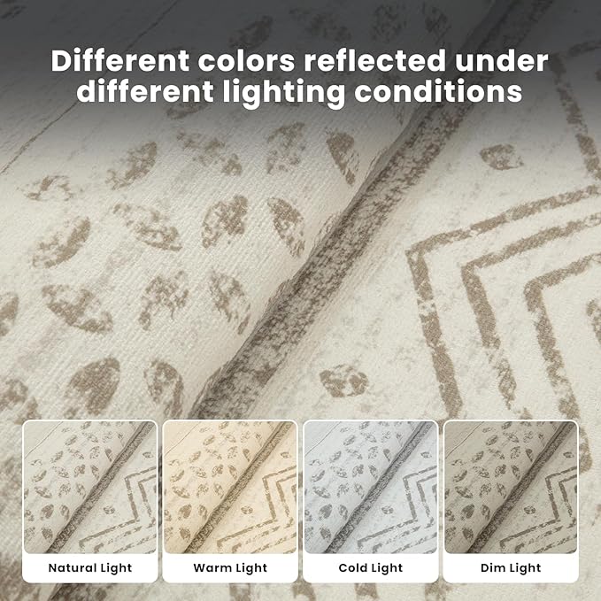 Washable Rugs 8x10 Area Rugs for Living Room- Large Moroccan Rugs for Bedroom, Dining Room, Ultra Soft Low Pile Foldable Carpet with Non Slip Rubber Backing,Neutral Accent Rug(Light Brown)