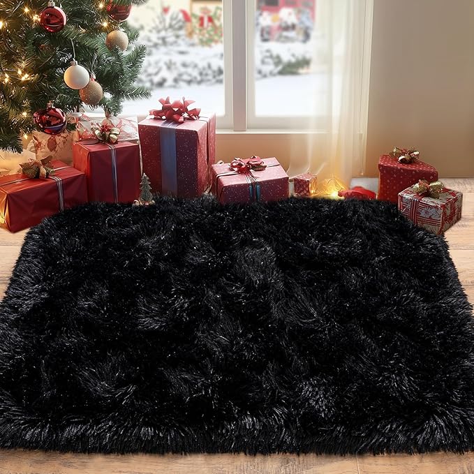 Pionblank Fluffy Small Rug for Bedroom 2x3 Feet, Shag Soft Area Rug, Modern Plush Carpet, Furry Cute Bedside Rug for Kids Girls Boys Room Nursery Decor, Black