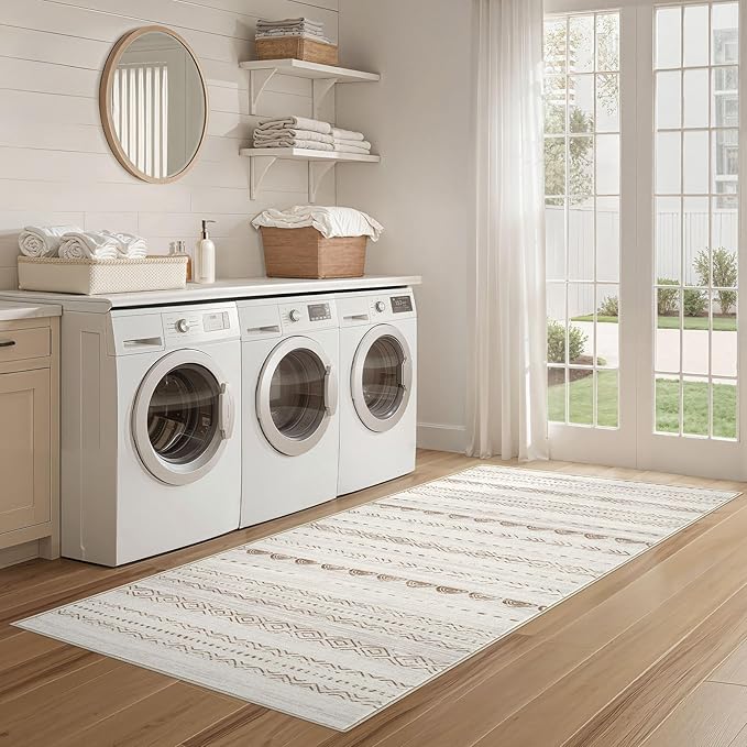 Nakagishi Runner Rug Kitchen Washable Rugs: 2x6 Non-Slip Boho Soft Modern Stain Resistant Indoor Floor Neutral Farmhouse Throw Carpet for Hallway Bathroom Laundry Room Entryway Bedroom- Beige