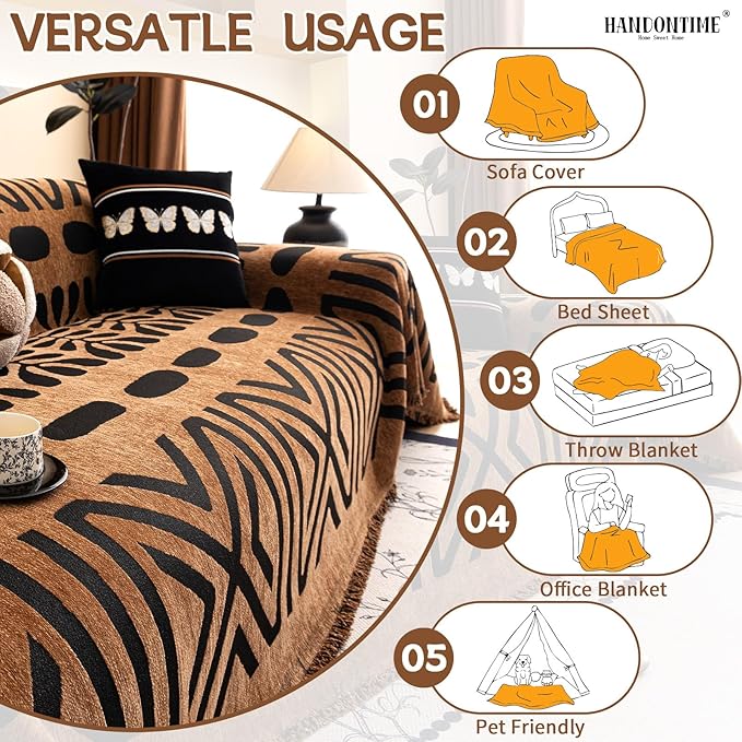 HANDONTIME Boho Couch Cover Geometric Striped Pet Covers for Couches and Sofas Copper Brown and Black Dog Cover for Couch Pet Friendly Chenille Sectional Sofa Covers for Pets Washable, 71" X 118"