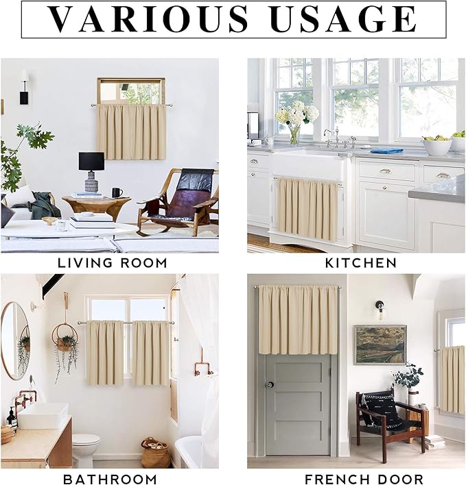 RYB HOME Cafe Curtains 30 inch Length, Short Light UV Heat Blocking Energy Saving Privacy Curtain Tiers for Basement Bathroom Kitchen Window, Width 29 by Length 30, Biscotti Beige, 2 Panels