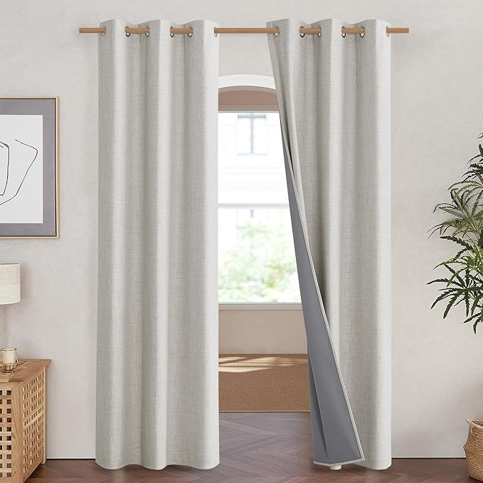 NICETOWN Snowbound Vintage Linen 100% Blackout Curtains for Living Room, Thermal Insulated Curtains 90" Long, Noise Reducing Window Treatment Drapes for Hall Room, 42" Wide Per Panel, Set of 2