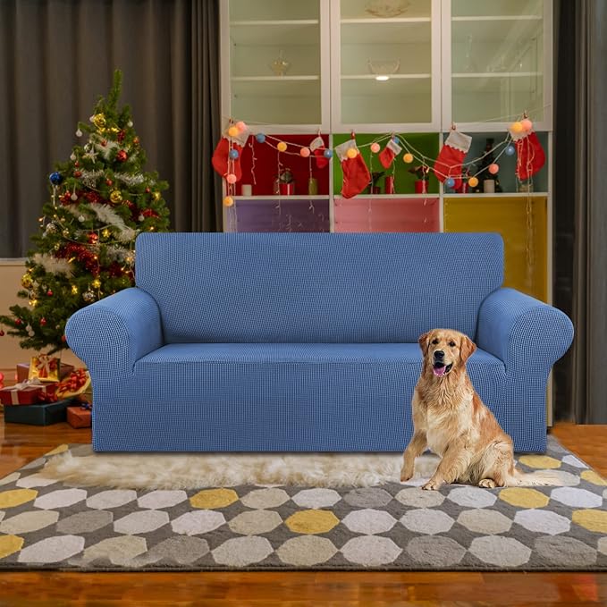 KEKUOU Stretch Loveseat Sofa Cover Slipcover,Couch Covers for 2 Cushion Couch Sofa (55"-78") Furniture Protector Sofa with Elastic Bottom for Kids,Dog. Jacquard Small Checked (Medium,Riverside)
