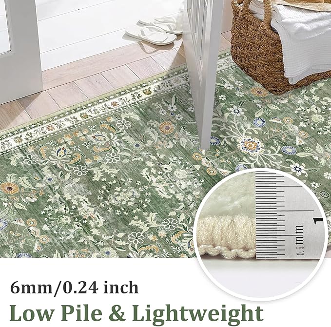 Yamaziot Washable Runner Rug 2x12 – Floral Non Slip Boho Hallway Runner Rug with Rubber Backing, Low Pile Faux Wool Distressed Carpet for Kitchen, Laundry, Bedroom, Entrance, Green
