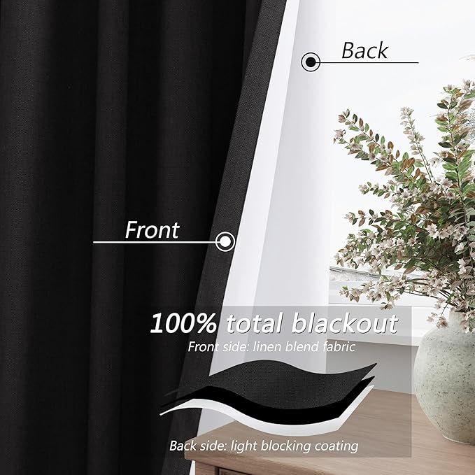 Guken Black 100% Blackout Curtains 90 Inch Length 2 Panels Set for Living Room Bedroom Back Tab Thermal Insulated Black Out Linen Drapes Room Darkening Window Curtains 90 Inches Long