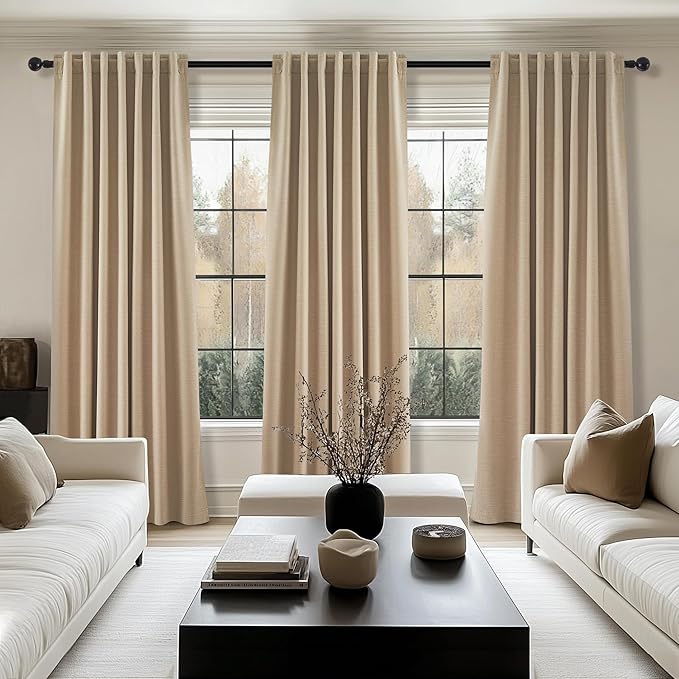Topfinel Blackout Linen Blend Curtains 84 inch Long 2 Panels,Back Tab with Hooks,Light Blocking Thermal Insulated Draperies Modern Farmhouse Textured Curtains for Living Room Dining Room,Tan Camel