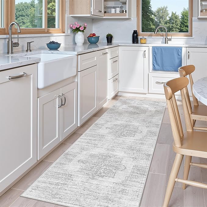 2x6 Runner Rug Non Slip for Entryway, Washable Runners for Kitchen, Soft Thin Hallway Rug for Bedroom, Laundry, Small Stain Resistant Indoor Door Mat(2'x6', Light Grey/White)