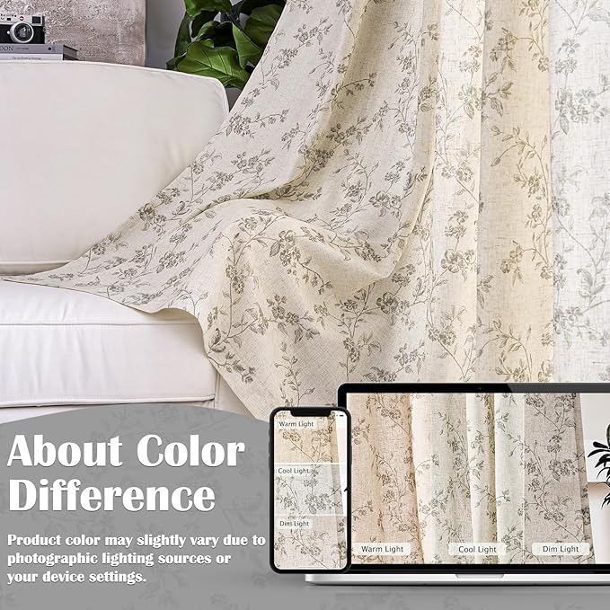 Lazzzy Grey Floral Linen Curtains 84 Inch Farmhouse Back Tab Drapes for Living Room Bedroom Light Filtering Vintage Grandmillennial Rod Pocket Curtains, 2 Panels, W38 x L84, Grey on Beige