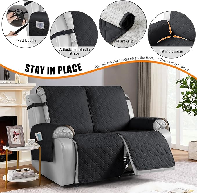 VANSOFY Waterproof Recliner Couch Covers, Sofa Covers 1-Piece Washable Reclining Sofa Cover Non-Slip Furniture Protector with Elastic Straps Pocket for Dogs, Pets(Black,2 Seater)