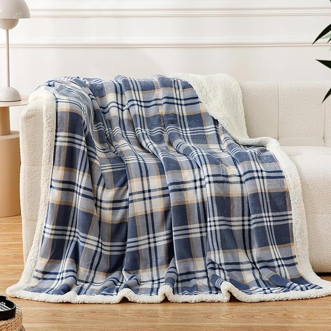 PU MEI Sherpa Blanket Twin Plaid Thick Bed Blanket, 60”*80” Super Soft Flannel Fuzzy Fleece Reversible Velvet Plush Warm Blanket for Couch (Blue White Check)