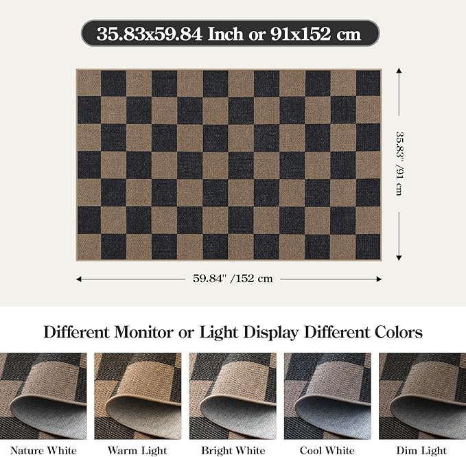 Lahome Colette Checkered Easy Jute 3x5 Rug, Washable Rugs for Living Room Entryway Farmhouse Non Slip Black Outdoor Carpet, Checkerboard Indoor Door Mat for Entry Patio Deck