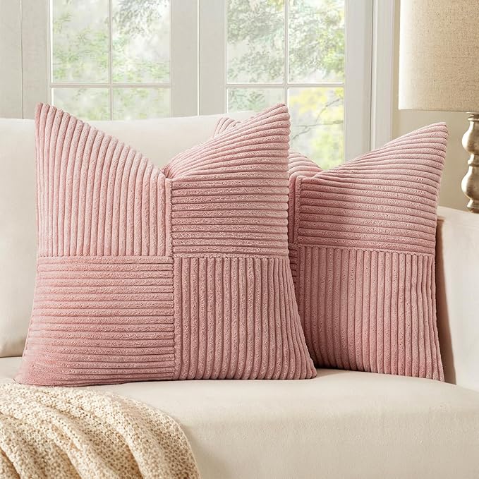 MIULEE Pink Decorative Throw Pillow Covers 20x20 Inch for Couch Bed Sofa Valentines Day Pack of 2 Boho Farmhouse Throw Pillows Soft Cross Corduroy Patchwork Textured Cushion Cases