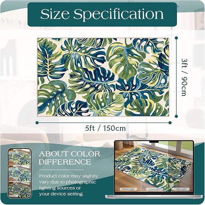 3x5 Botanical Entry Rug - Small Washable Indoor Outdoor Mats for Front Door Non-Slip Porch Rug Spring Tropical Green Leaf Throw Rugs for Living Room Bedroom Entryway Kitchen Office Porch Decor