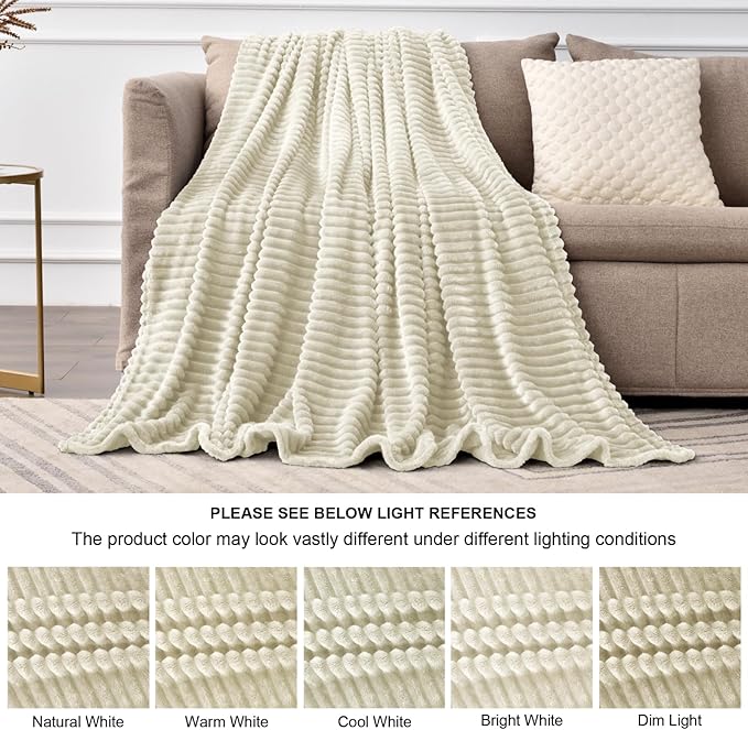 BEDELITE Fleece Throw Blanket for Couch – 3D Ribbed Jacquard Soft and Warm Decorative Fuzzy Blanket – Cozy, Fluffy, Plush Lightweight Beige Throw Blankets for Bed, Sofa, 50x60 inches