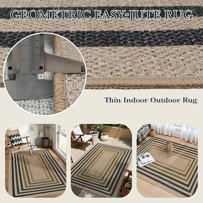 Lahome Enfys Modern Geometric Easy Jute Rug, 4x6 Washable Indoor Outdoor Carpet for Patio Living Room Farmhouse Natural Area Rug, Non Slip Contemporary Throw Mat for Entryway Office Dining Room
