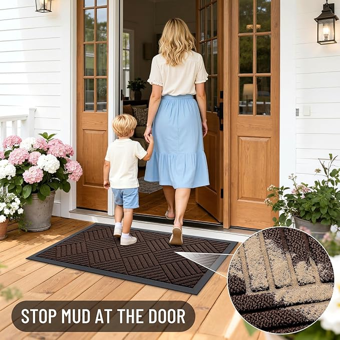 OLANLY Front Door Mat Outside Entrance 47x17, Absorbent, Heavy Duty Sturdy Natural Rubber Doormat Indoor Outdoor, Stain and Fade Resistant, Non-Slip Low Profile Floor Mat for Entryway, Brown Diamond