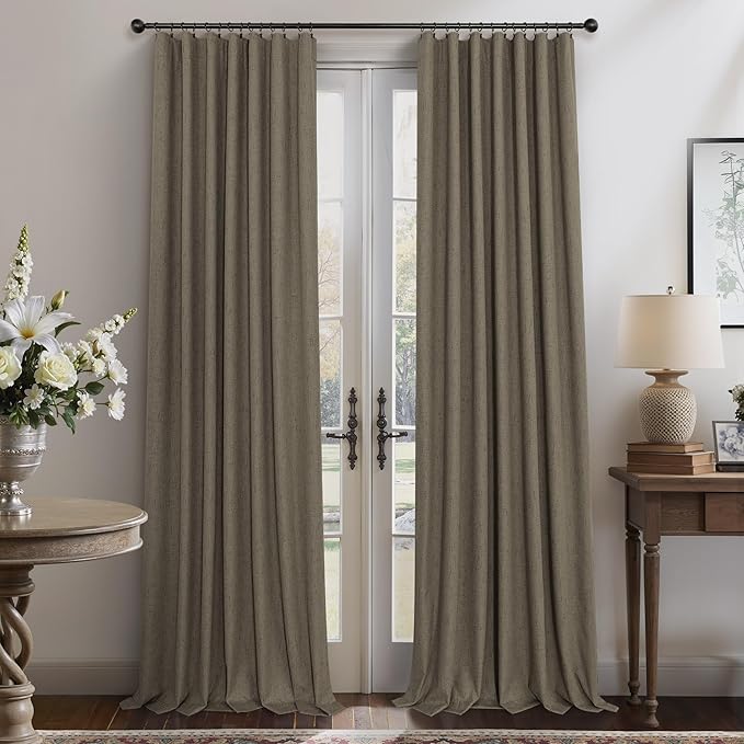 Linen Brown Curtains for Bedroom 84 Inch Long 2 Panel Burg 100% Blackout Back Tab Pleated Look Drape Light Blocking Thermal Insulated Burlap Farmhouse Black Out Curtain for Living Room 52x84 in Length