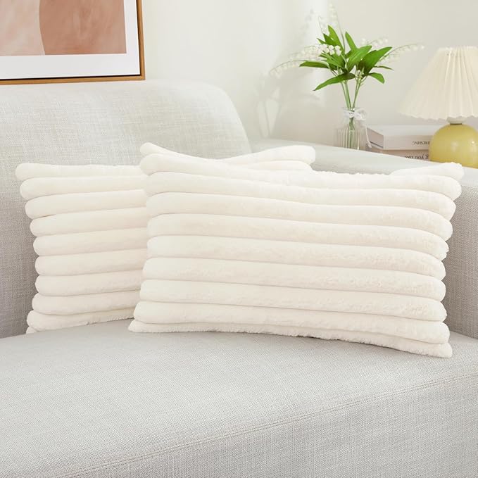 decorUhome Summer Cozy Faux Fur Throw Pillow Covers 12x20 Set of 2 Decorative Soft Plush Striped Lumbar Modern Farmhouse Boho Couch Pillow Cases with Velvet Back for Sofa Bed Living Room, Cream White