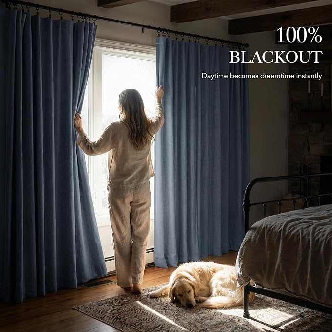 RYB HOME Linen Texture Curtains for Bedroom, 100% Blackout Thermal Insulated Curtains, Rod Pocket&Back Tab Room Darkening Drapes Luxury Decor for Living Room Nursery, W52xL96, 2 Panels, Smoky Blue