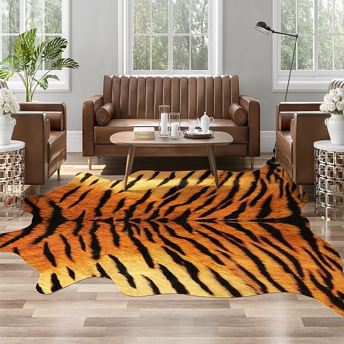 AROGAN Premium Tiger Print Rug 4.6x5.2 Feet, Machine Washable Faux Fur Rug, Non-Slip Animal Print Hide Tiger Skin Area Rug for Bedroom Living Room Home Decor