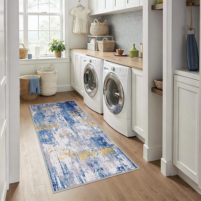 Washable Area Rugs 3x6 Non-Slip Modern Abstract Soft for Living Room Entryway Bedroom Nursery, Print Pattern, Grey Blue Gold/Golden