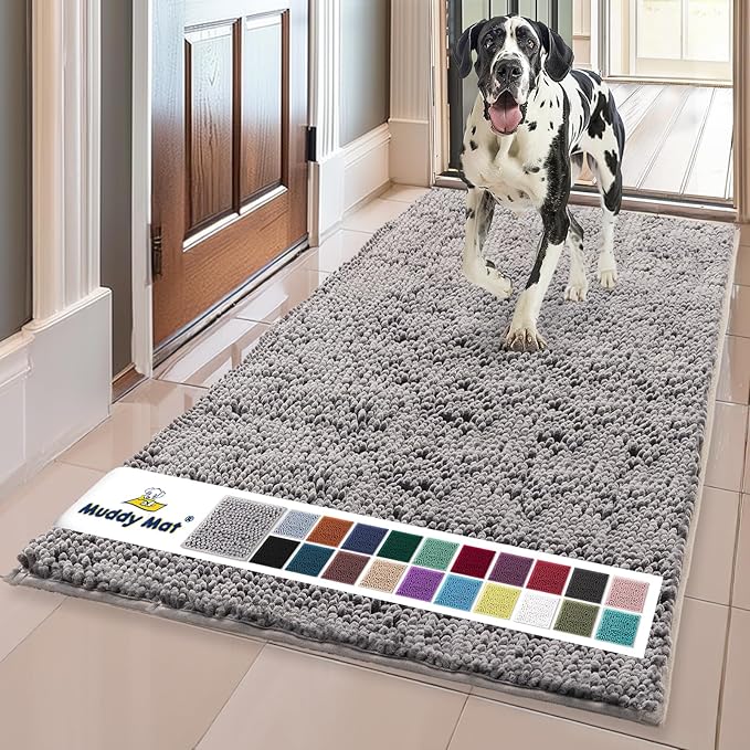 Muddy Mat® | Super Absorbent Door Mat Indoor, Microfiber Quick Dry Chenille Entryway Rug, Non-Slip Front Door Mat, Indoor Mats for Entryway, Machine Washable Pet Rug, Grey 36"x120"