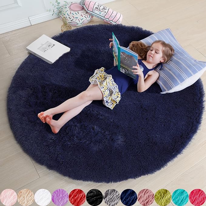 Dark Navy Round Rugs 5Ft for Teen Boys Bedroom, Circular Fluffy Shag Fuzzy Plush Circle Area Rug for Kids Room, Living Room Decor Aesthetic, Indigo Furry Cool Dark Blue Carpet for Dorm Baby Nursery