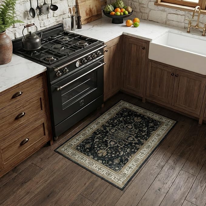 RELEANY Area Rugs 2'x3' Kitchen Rugs Entry Rug Small Rugs for Entryway Kitchen Bathroom Door Mat Indoor Entrance,Washable Non Slip, Vintage Black Brown Neutral