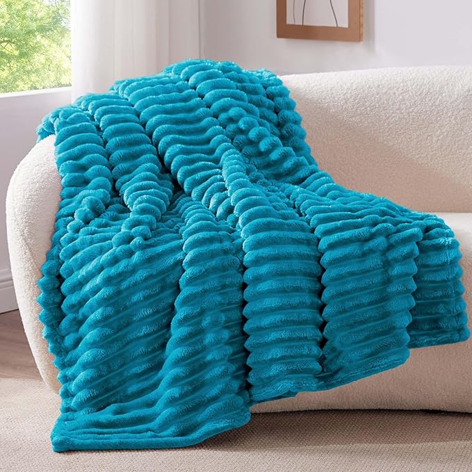 BEDELITE Twin Blanket for Couch & Bed, 300GSM Soft & Warm Fleece Blanket, Decorative and Giftable Striped Teal Blankets for Women, Men, 60"x80"