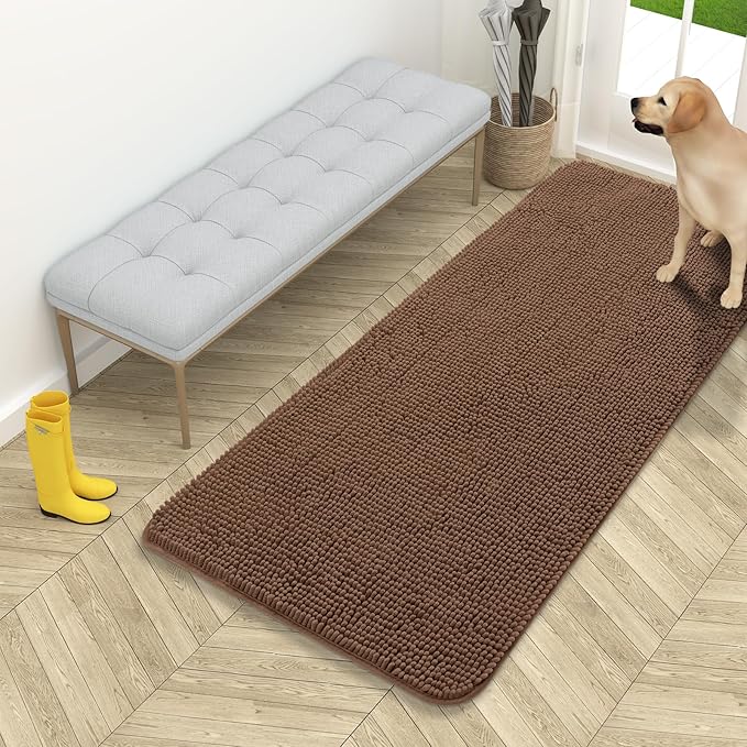 OLANLY Dog Door Mat for Muddy Paws 54x24, Absorbs Moisture and Dirt, Absorbent Non-Slip Washable Doormat, Quick Dry Chenille Mud Mat for Dogs, Entry Indoor Entryway Carpet for Inside Floor, Mocha
