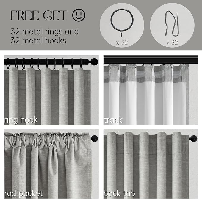 Grey Linen Blackout Curtains 95 Inch Long 2 Panels Back Tab Thermal Insulated Light Blocking Curtain for Living Room 100% Black Out Drape for Bedroom Neutral Rustic Farmhouse 52x95 Length Frost Grey