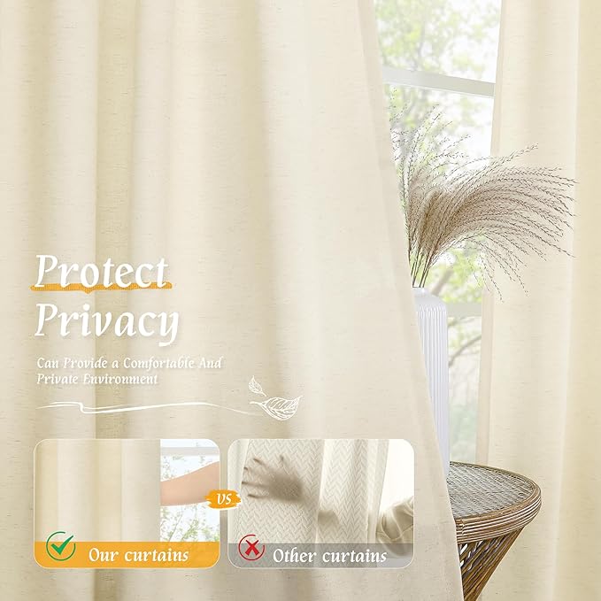 LAMIT Linen Curtains 72 inches Long for Living Room, Soft Thick Linen Privacy Light Filtering Rod Pocket Window Treatments Neutral Drapes for Bedroom, 2 Panels Set, 52 x 72 Inch, Light Beige