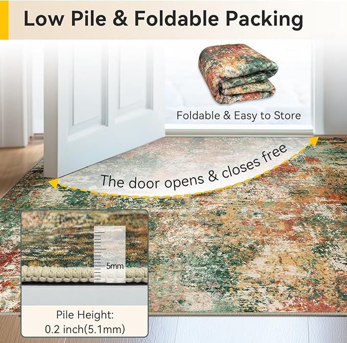 Washable Area Rugs 2'x3' Non-Slip Modern Abstract Soft for Living Room Entryway Bedroom Nursery, Print Pattern, Green Orange Rust Red Cream Colorful