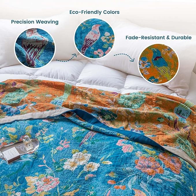 MSGKV Boho Throw Blanket for Couch 50"x60" Cotton Blanket with Floral and Bird Spring Breathable Lightweight Farmhouse Decorative Blankets for Sofa Muslin All Seasons